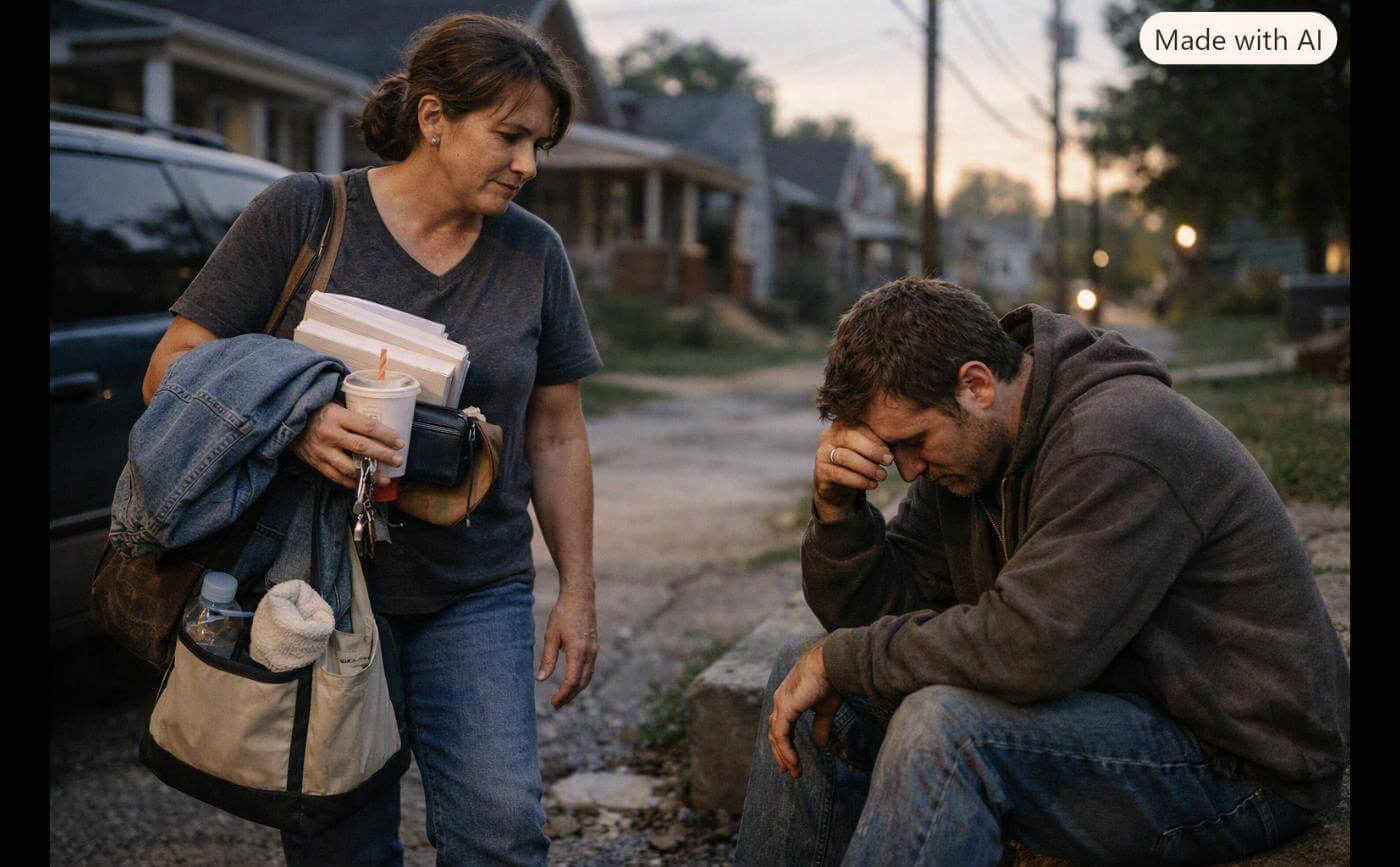 A woman with her arms full pausing on a neighborhood street to look at a man sitting on the curb with his head in his hand.