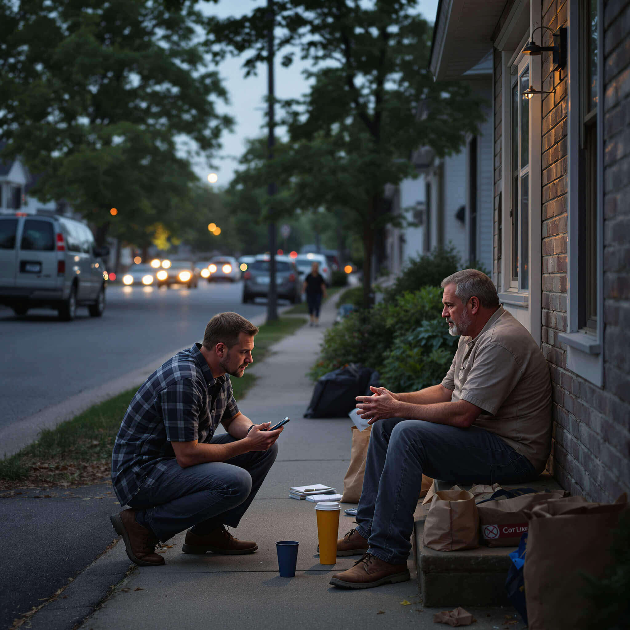 Two men sitting and talking on a front step at dusk on a residential street.