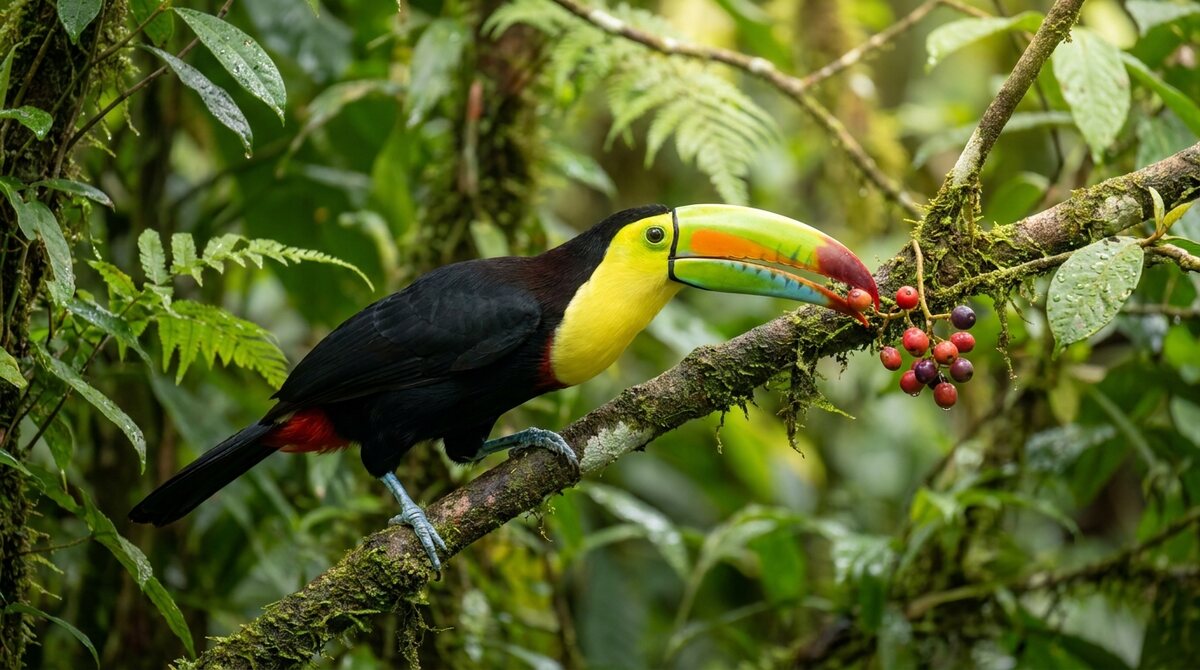 Illustration of a Keel-billed Toucan reaching for fruit