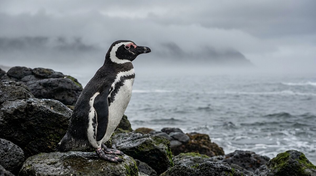 Illustration of a Magellanic Penguin on a rocky shore