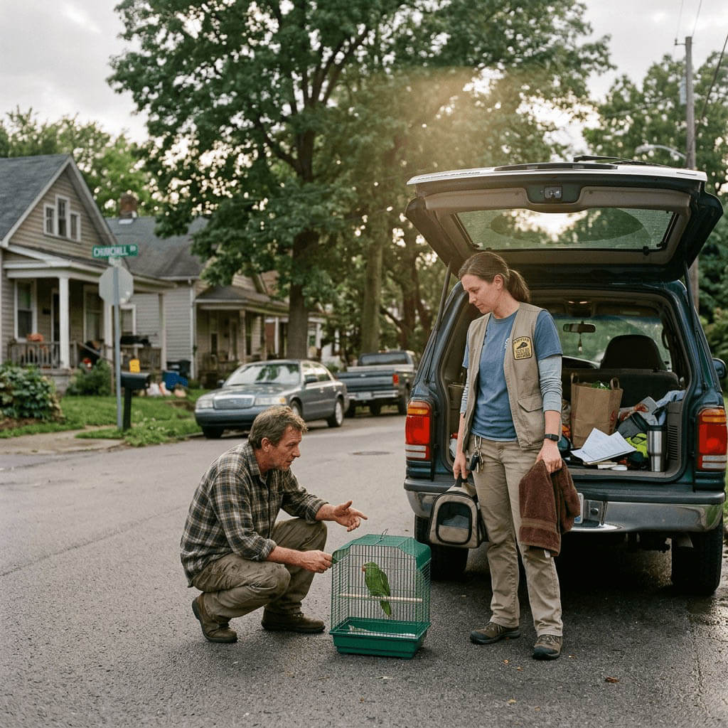 A man crouching in a residential street beside a green parrot in a small cage while a woman unloads supplies from the back of an SUV.