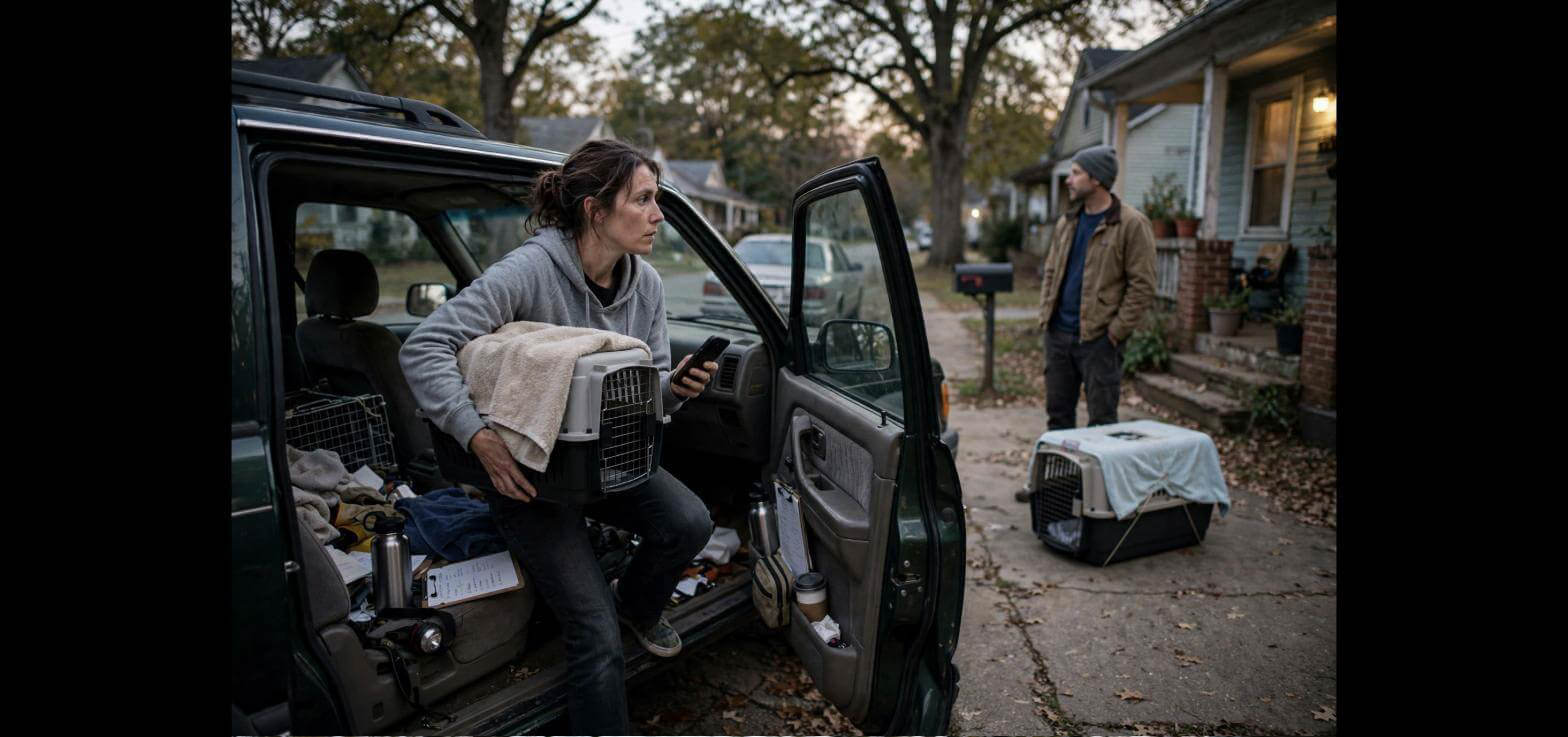 A woman loading a pet carrier into her SUV at dusk while a neighbor waits in the driveway with another carrier.