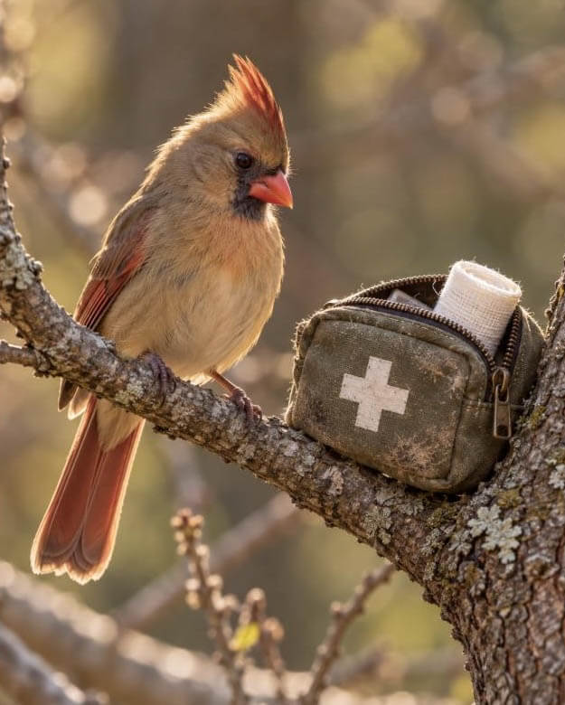 Female Northern Cardinal with First Aid Kit